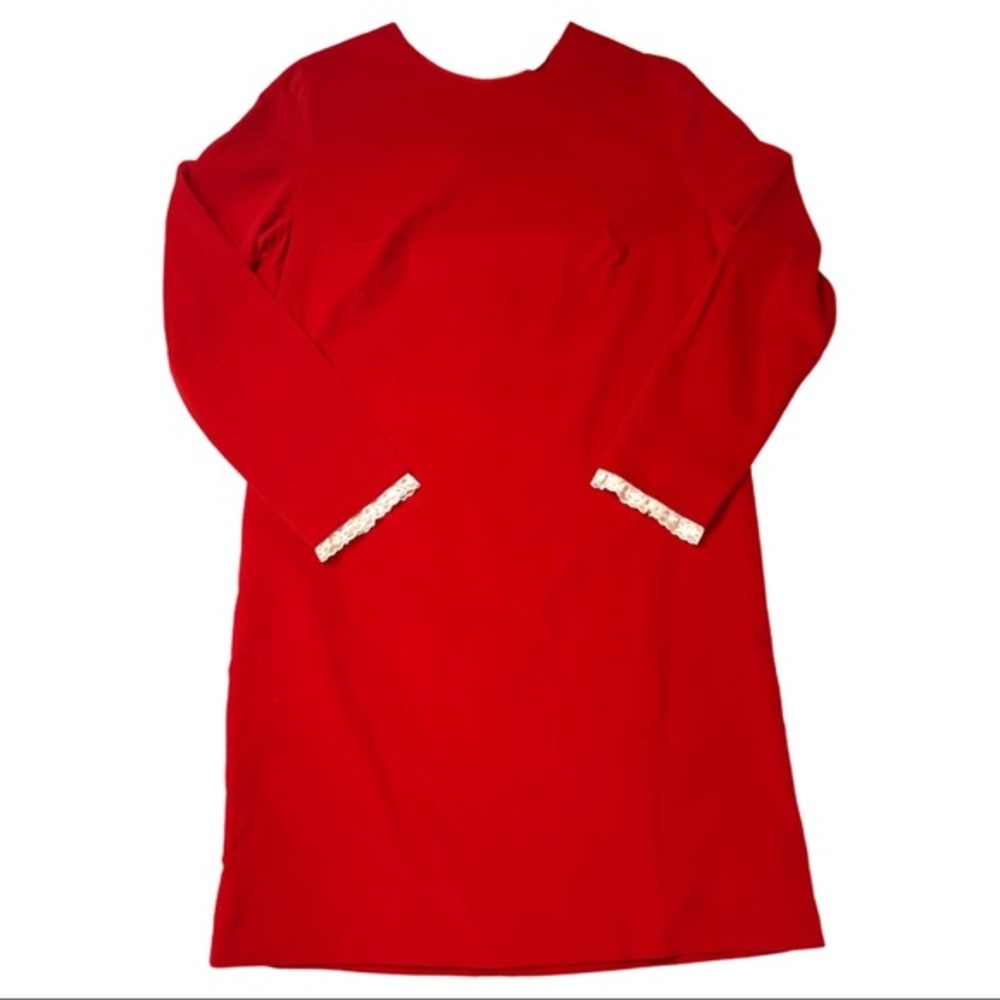 Vintage | Handmade Red Velvet White Lace High Collar Shift Dress | S